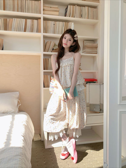 [RF] “Milk Cloud” Ivory Rainbow Polka Dot Bloom Pants Set
