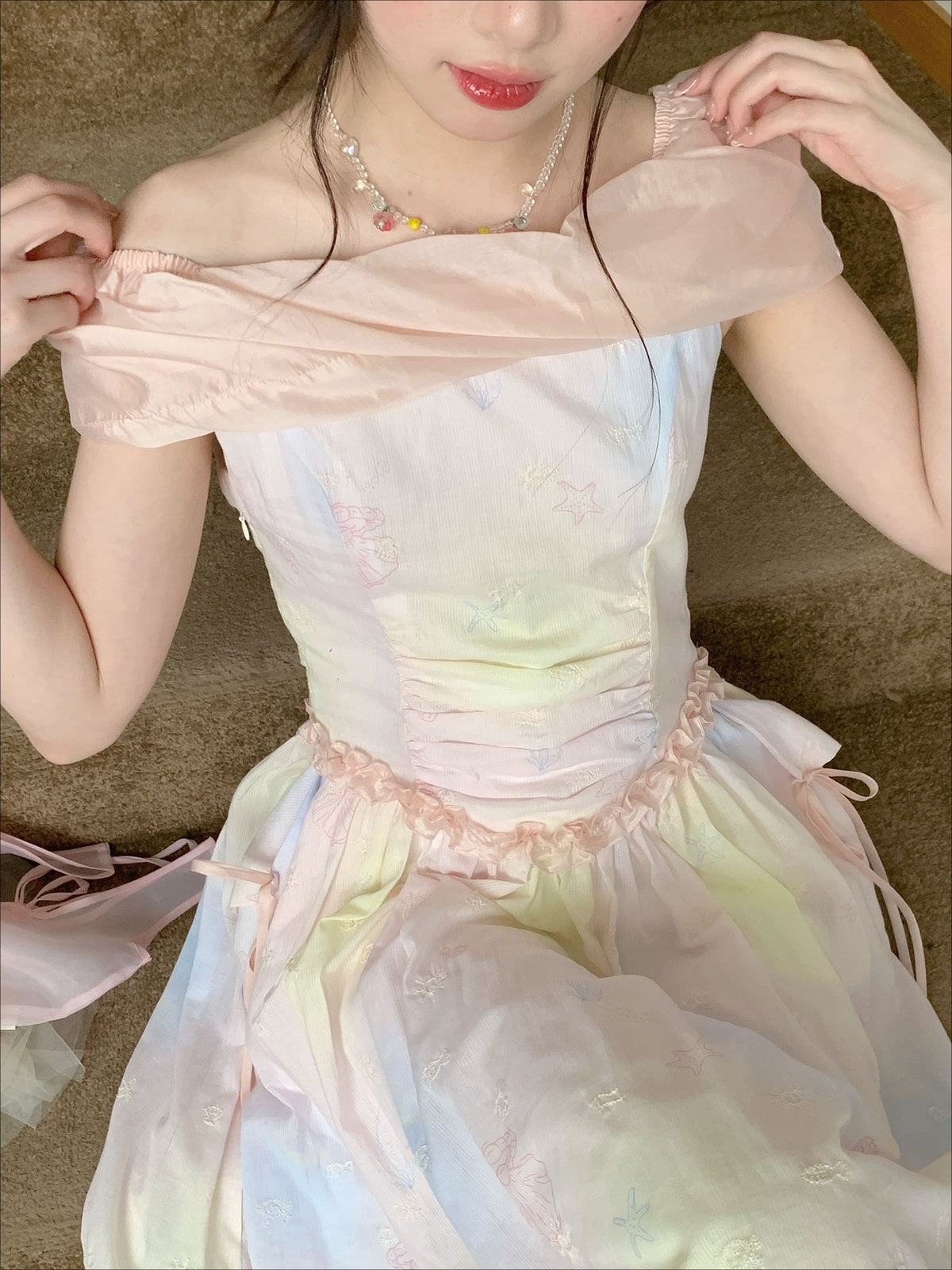 [RF] “Dreamlight Reverie” Pink Gradient Embroidered Off-Shoulder Maxi Dress