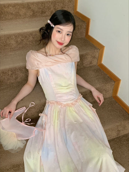 [RF] “Dreamlight Reverie” Pink Gradient Embroidered Off-Shoulder Maxi Dress