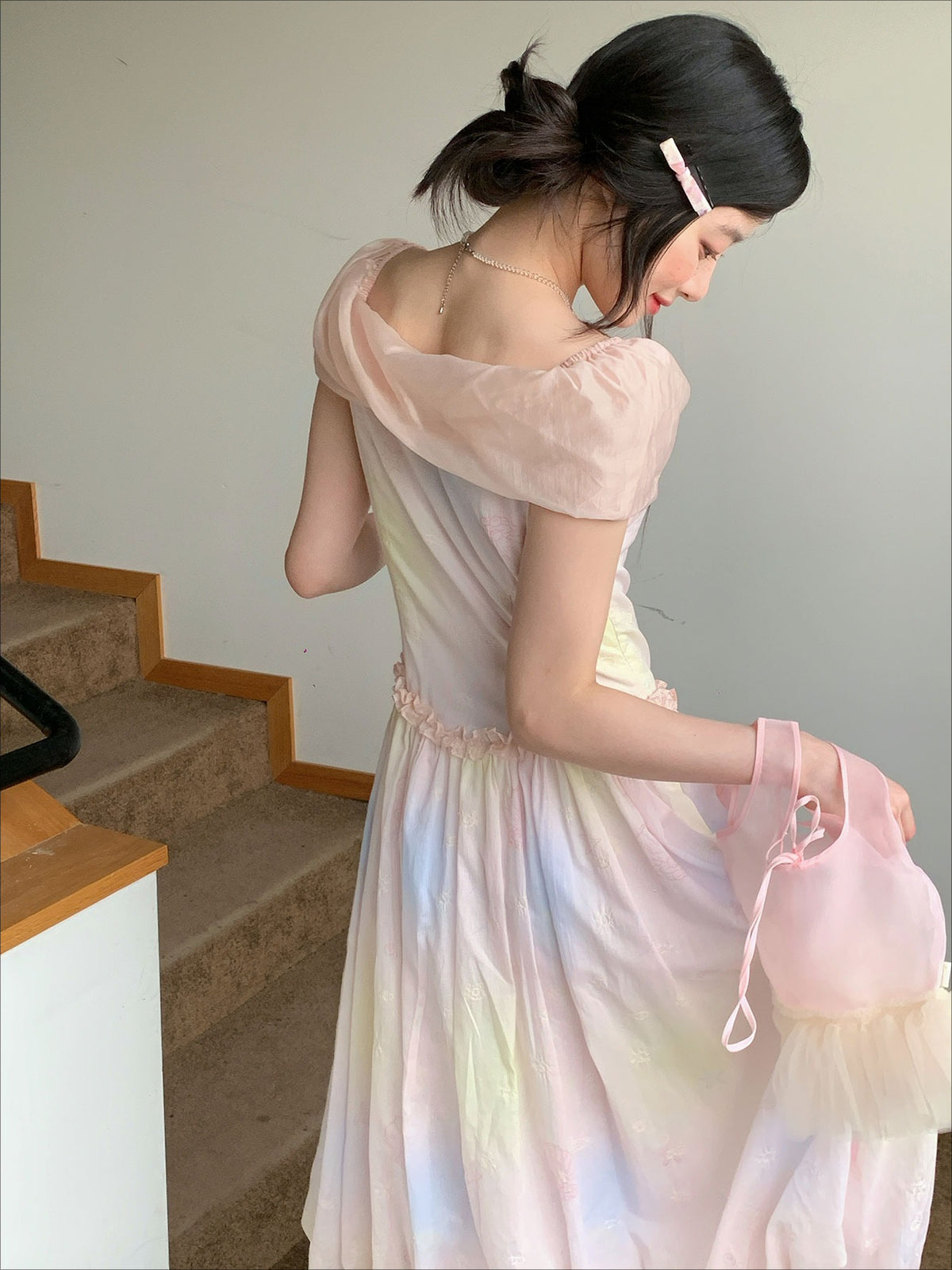 [RF] “Dreamlight Reverie” Pink Gradient Embroidered Off-Shoulder Maxi Dress