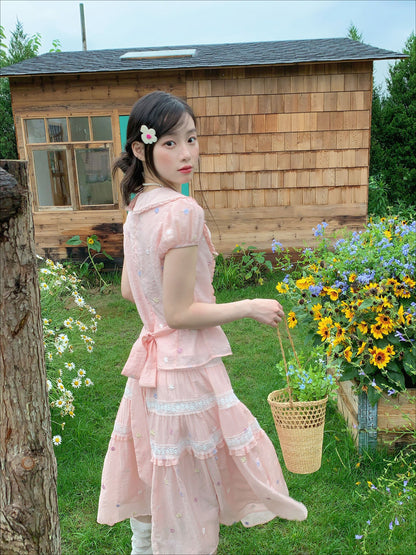 [RF] “Whispered Dream” Pink Bow Lace Tiered Skirt Two-Piece Set