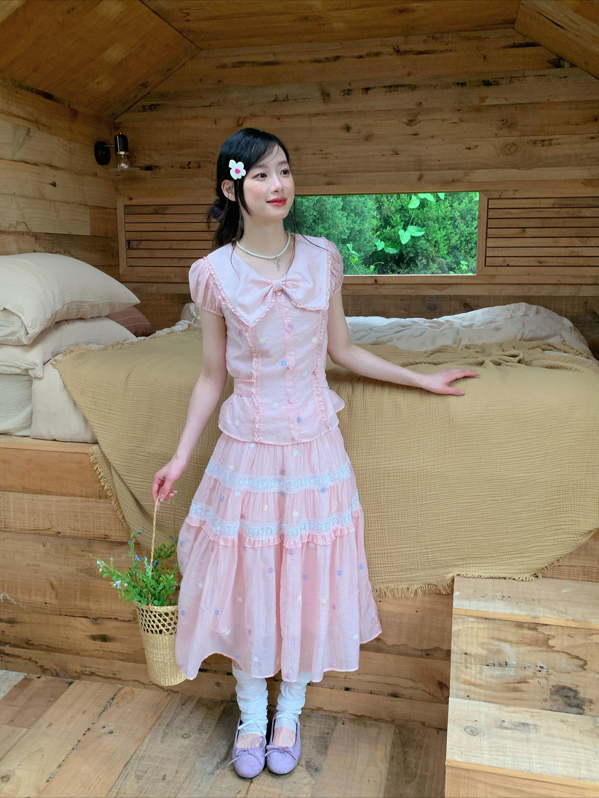 [RF] “Whispered Dream” Pink Bow Lace Tiered Skirt Two-Piece Set