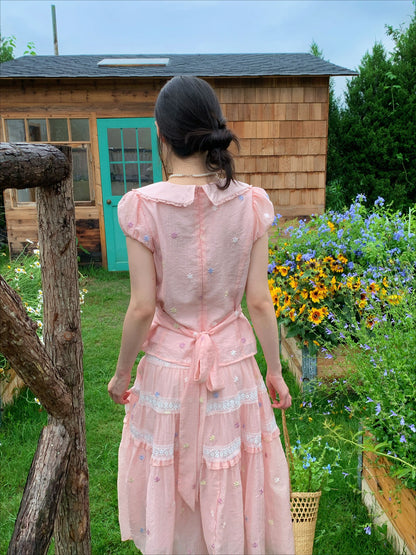 [RF] “Whispered Dream” Pink Bow Lace Tiered Skirt Two-Piece Set