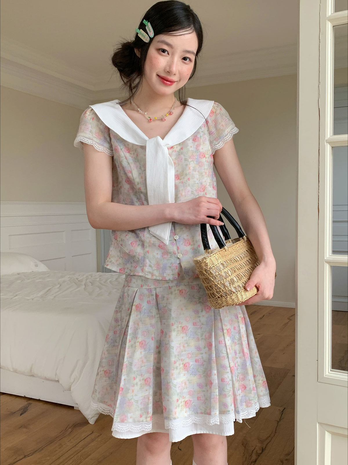 [RF] “Gentle Prelude” Monet Floral Peter Pan Collar Two-Piece Set