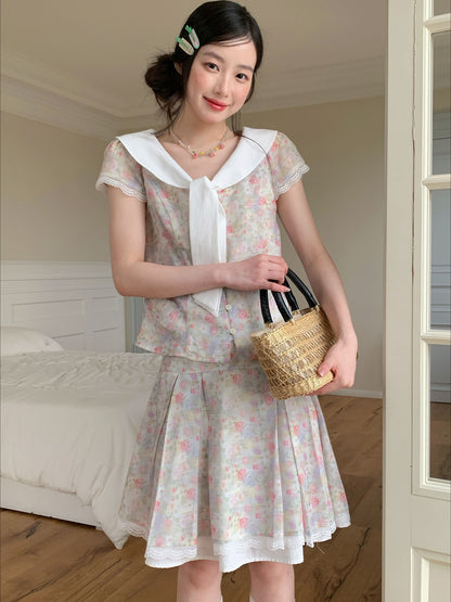 [RF] “Gentle Prelude” Monet Floral Peter Pan Collar Two-Piece Set