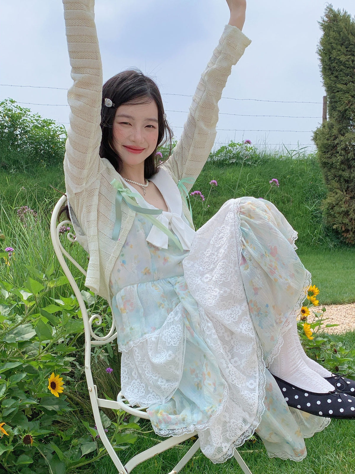 [RF] “Meadow Lilt” Light Green Floral Lace-Trim Tiered Maxi Dress