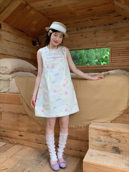 [RF] “Starry Pals” Ivory Animal Print Lace-Trim Sleeveless Mini Dress