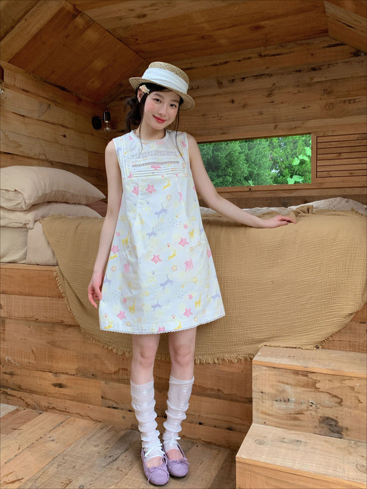 [RF] “Starry Pals” Ivory Animal Print Lace-Trim Sleeveless Mini Dress