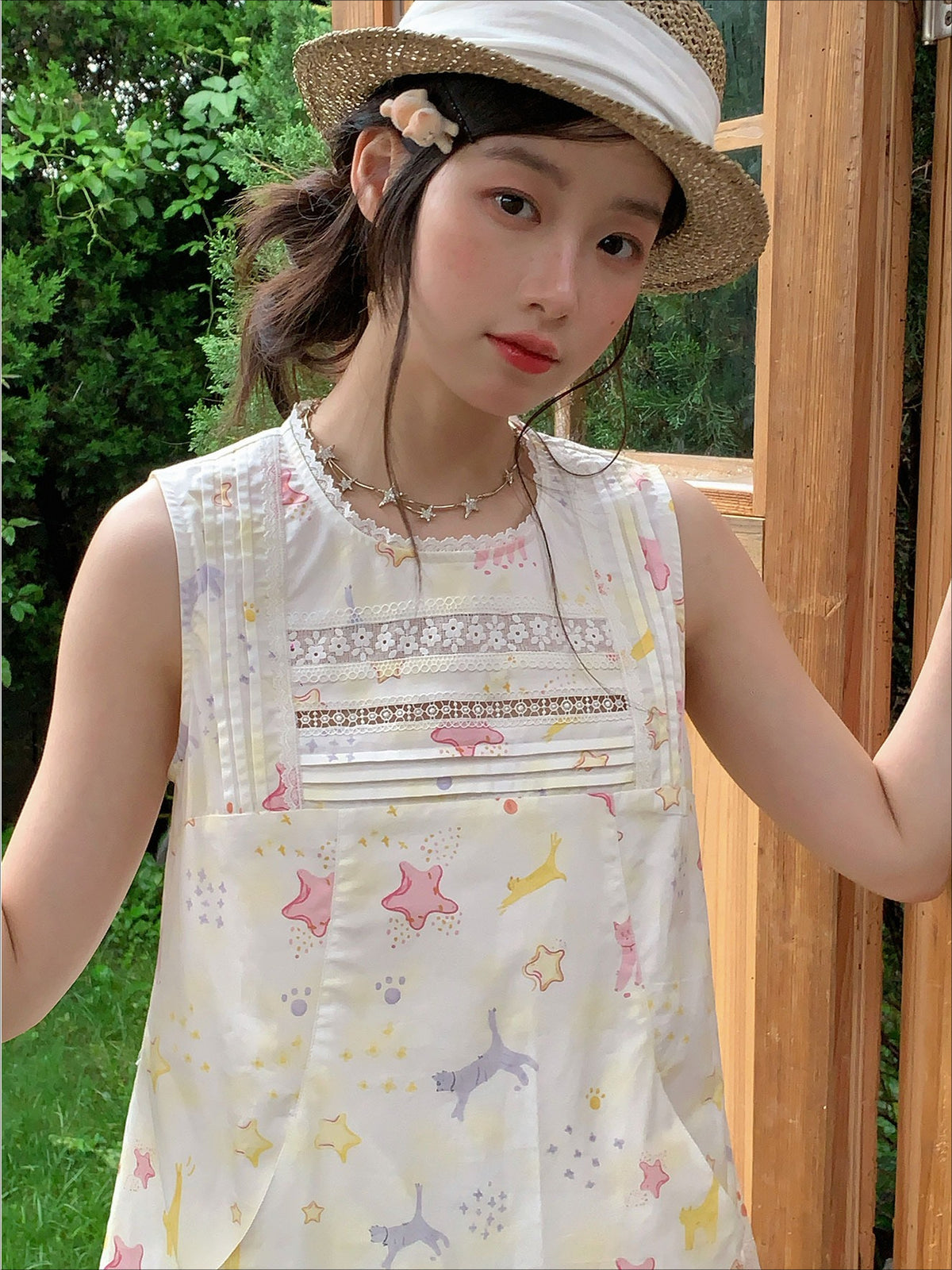 [RF] “Starry Pals” Ivory Animal Print Lace-Trim Sleeveless Mini Dress