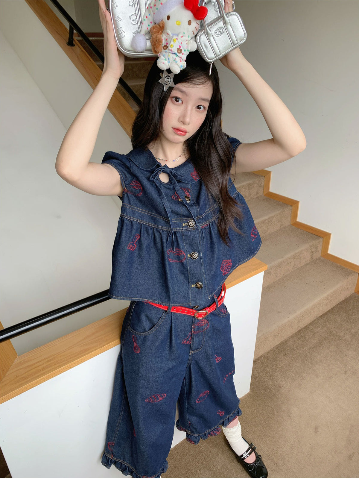 [RF] “Sweet Rebel Denim” Navy Embroidered Ruffle Top & Relaxed Pants Set