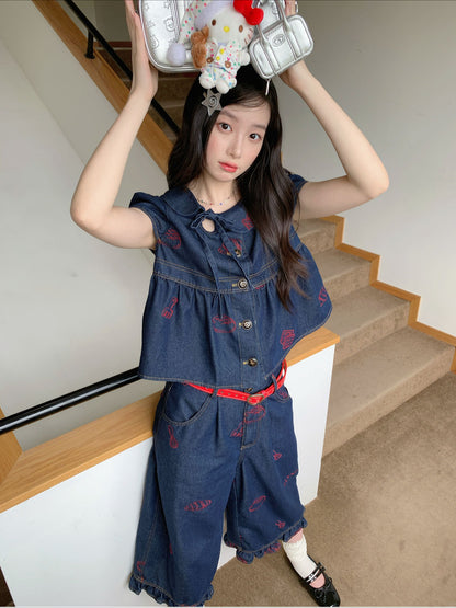 [RF] “Sweet Rebel Denim” Navy Embroidered Ruffle Top & Relaxed Pants Set