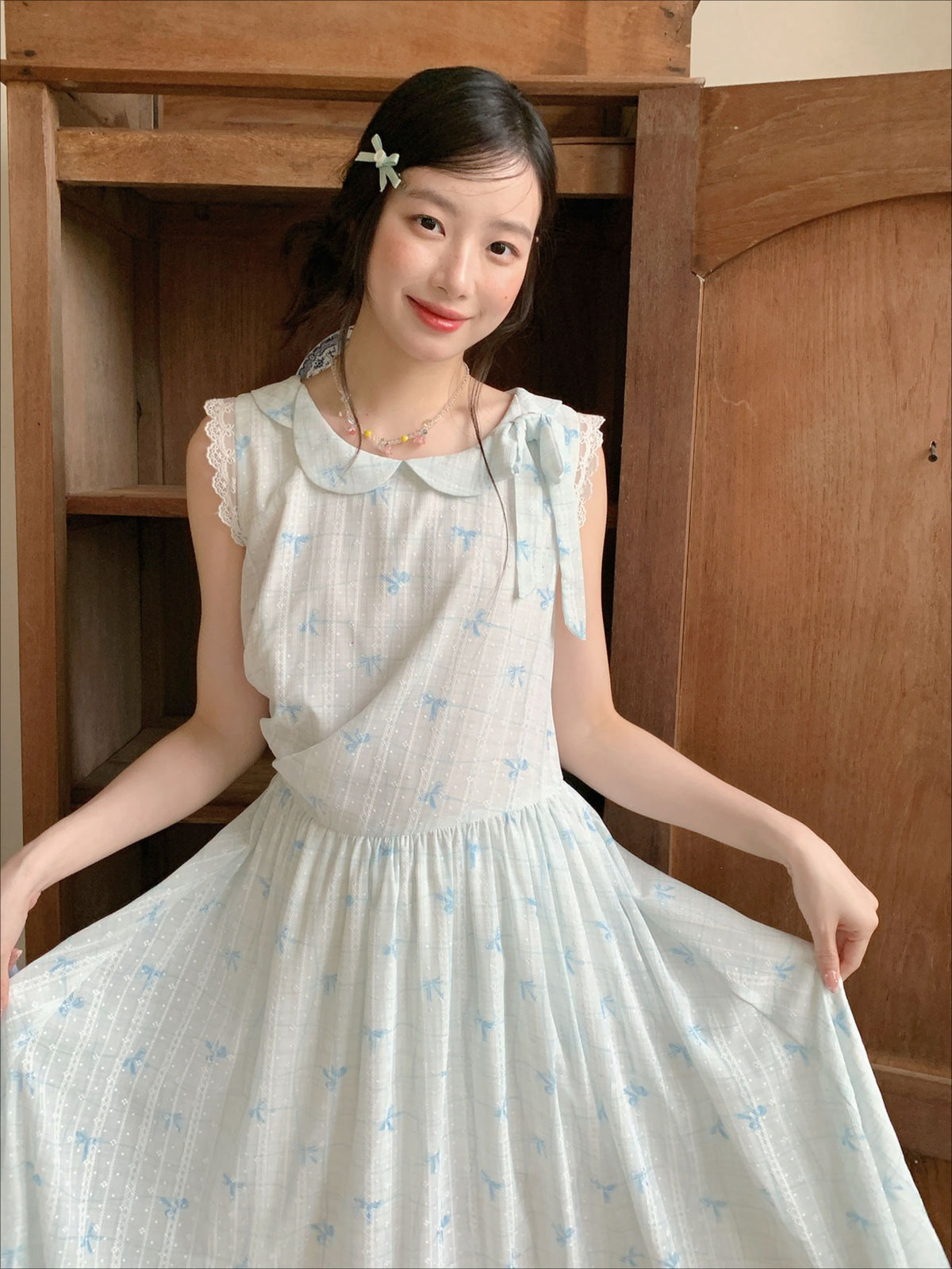 [RF] “Blue Ribbon Whisper” Blue Bow Print Lace-Trim Sleeveless Dress