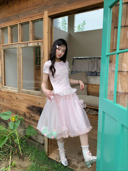 [RF] “Peach Petal Reverie” Peach Pink Doll Collar Top & Tulle Skirt Set