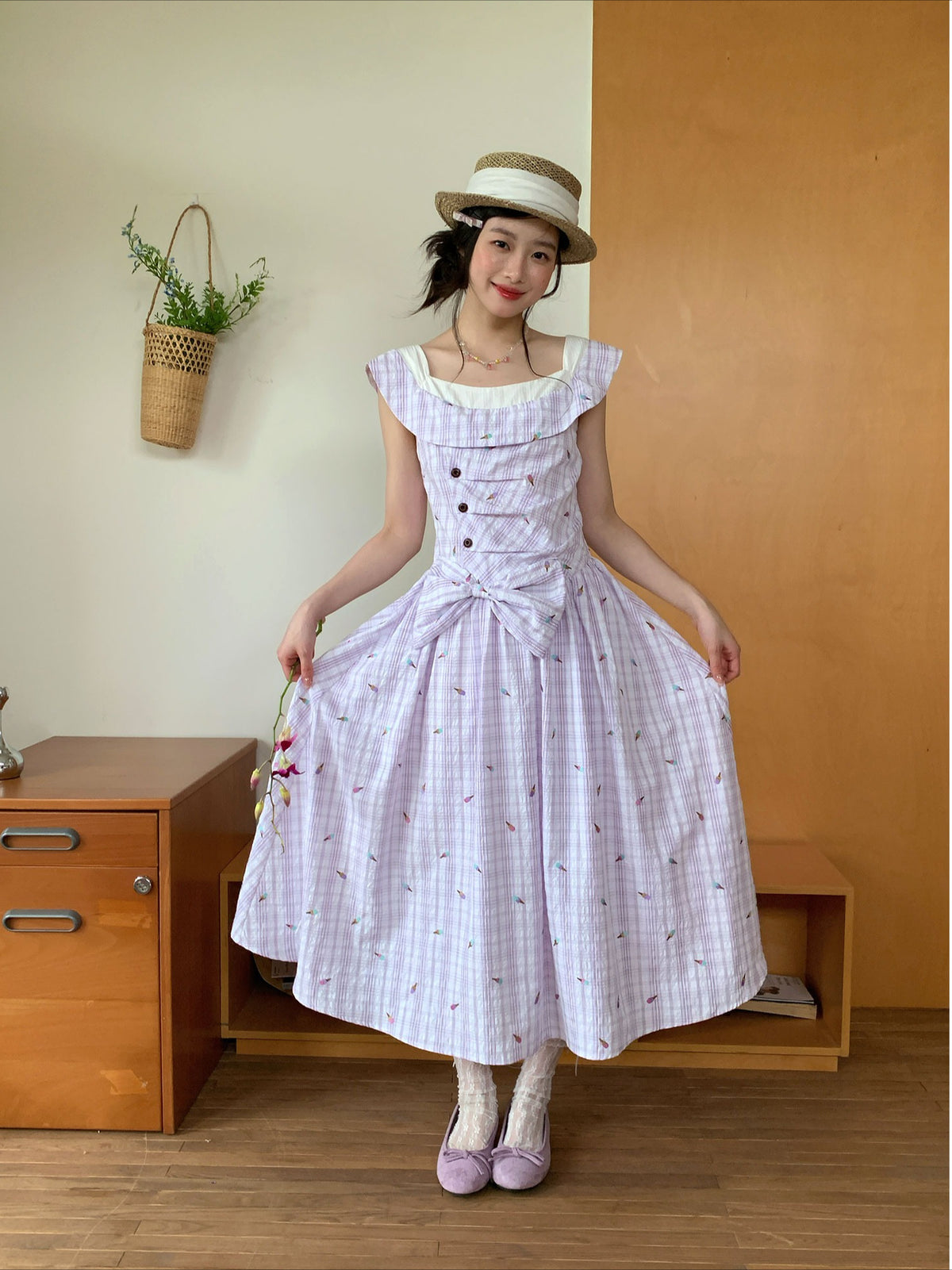 [RF] “Lavender Garden Reverie” Light Purple Bow-Waist Maxi Dress