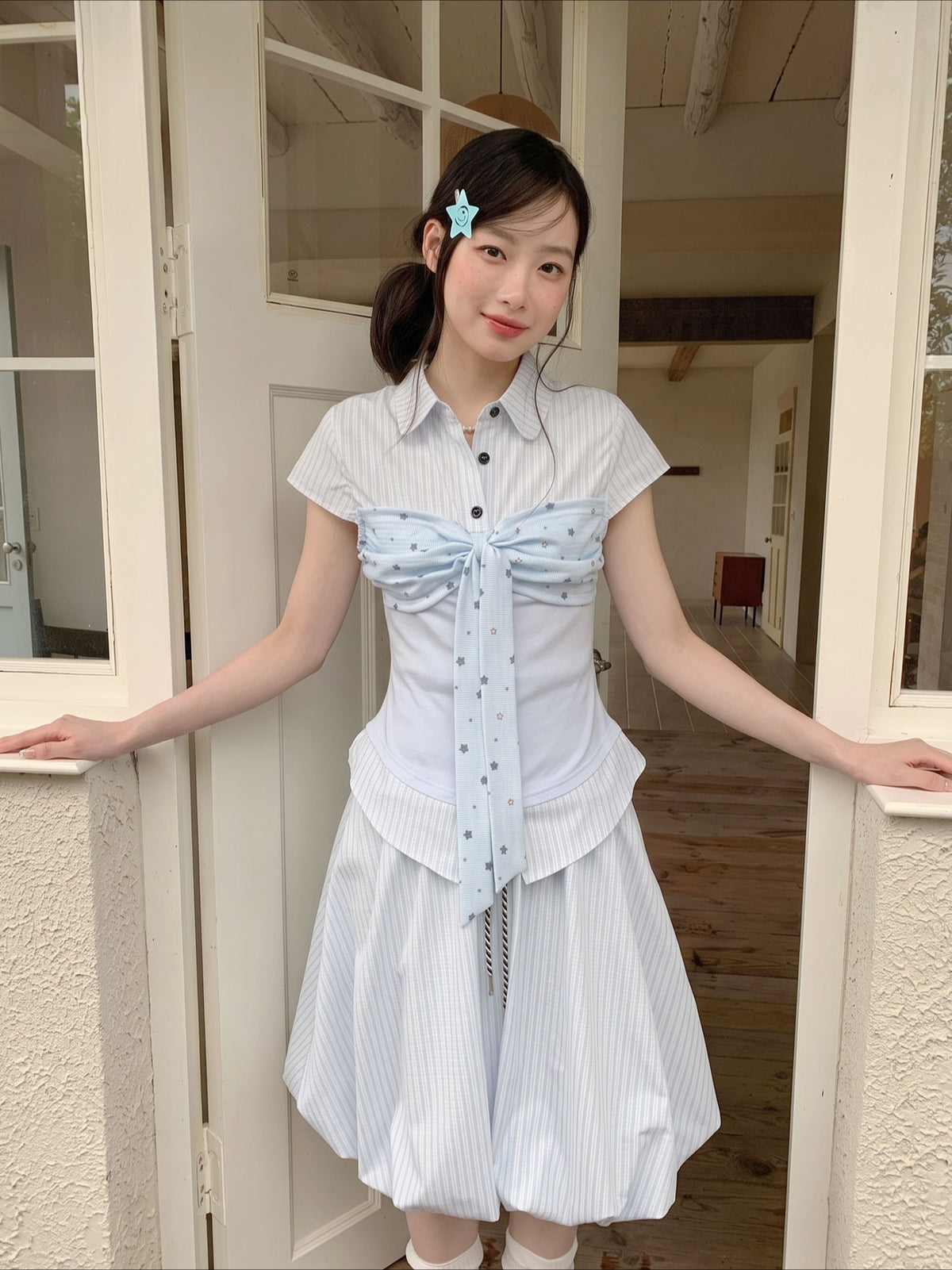 [RF] “Bluebell Ribbon Daydream” Light Blue Stripe Blouse & Skirt Set