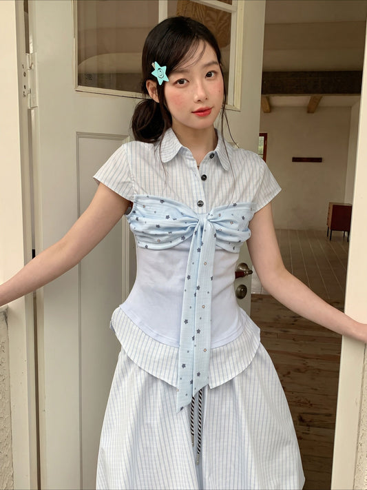 [RF] “Bluebell Ribbon Daydream” Light Blue Stripe Blouse & Skirt Set