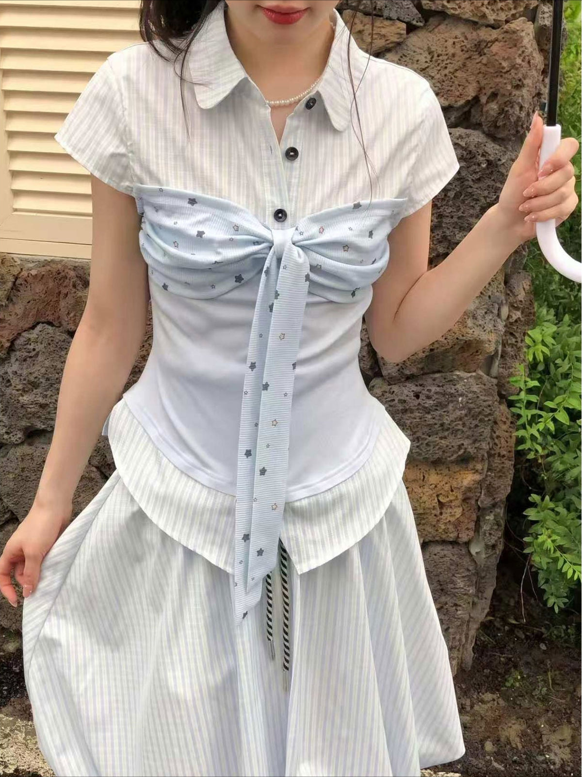 [RF] “Bluebell Ribbon Daydream” Light Blue Stripe Blouse & Skirt Set