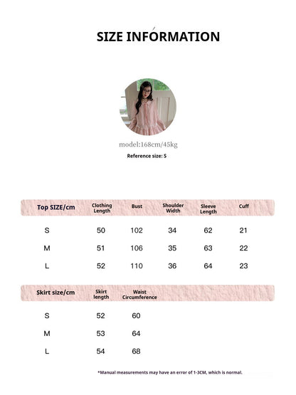 [RF] “Blush Cloud Reverie” Pink Lace-Trim Stripe Blouse & Skirt Set