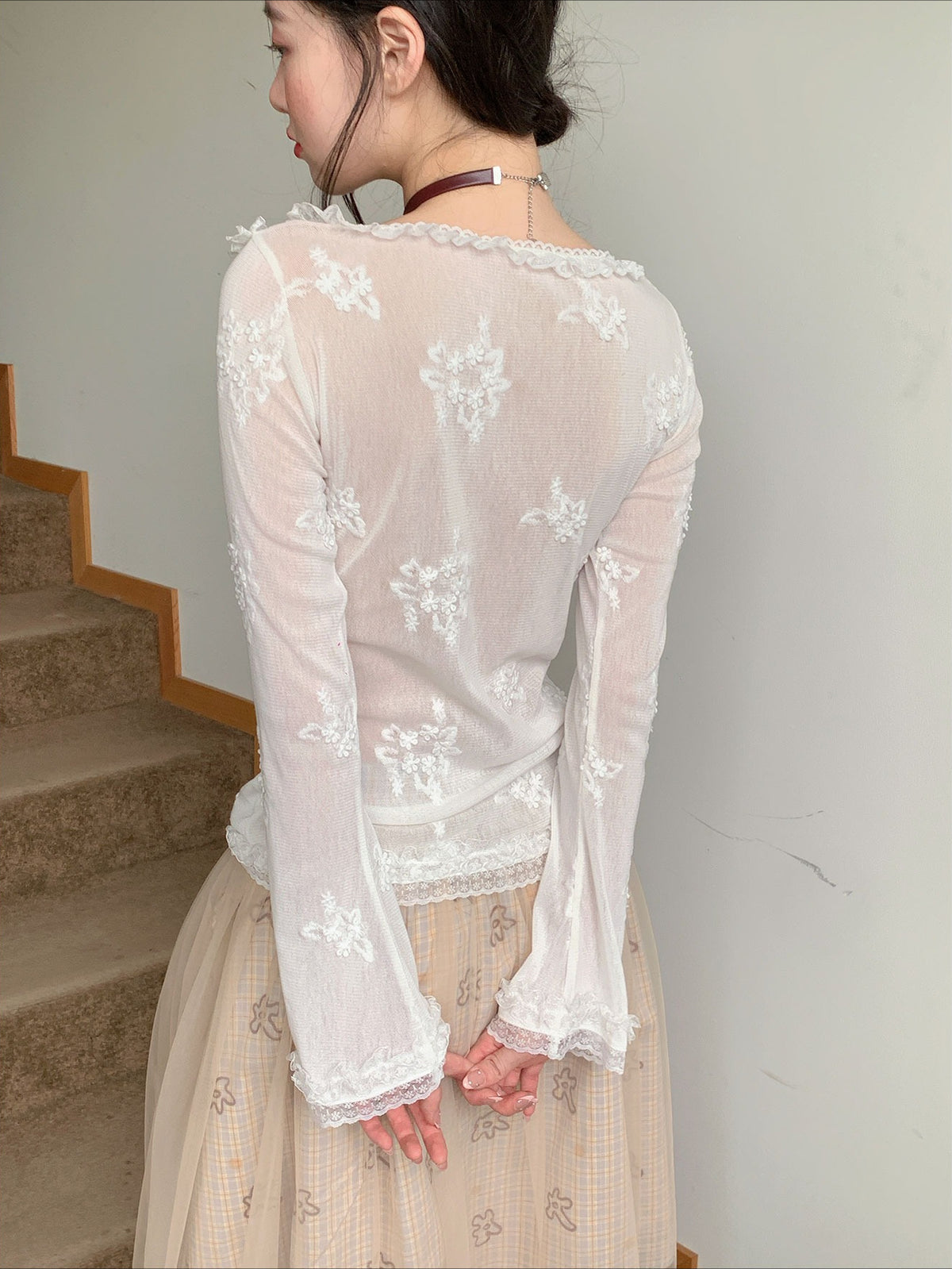 [RF] “Pearl Mist Reverie” White Lace-Trim Sheer Mesh Long-Sleeve Top
