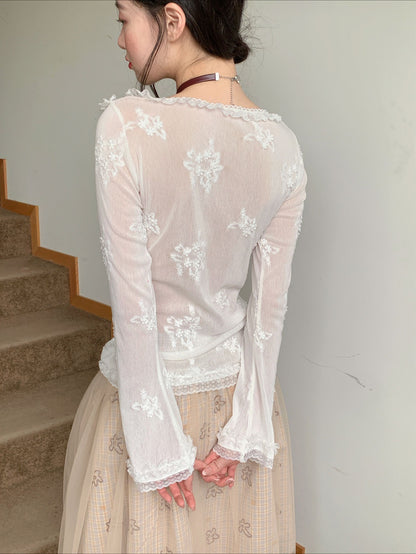 [RF] “Pearl Mist Reverie” White Lace-Trim Sheer Mesh Long-Sleeve Top