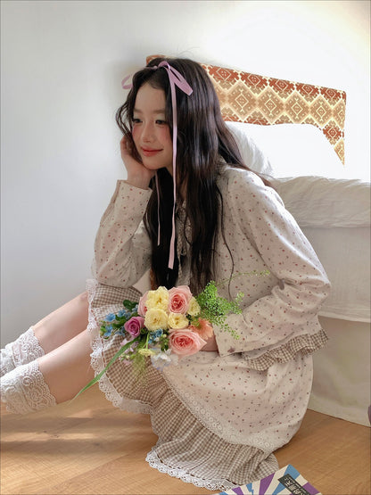 [RF] “Meadow Tea Party” Ivory & Light Brown Plaid Layered Blouse & Skirt Set