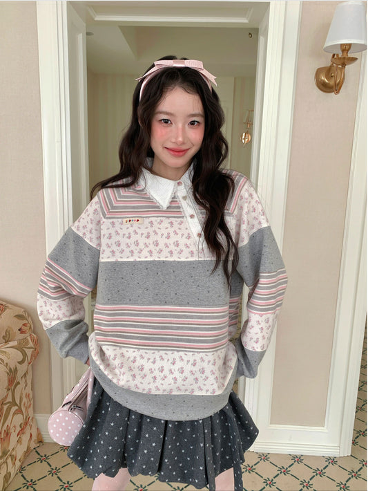 [[RF] “Striped Heartdream” Multicolor Vintage Stripe Patchwork Polo Sweatshirt
