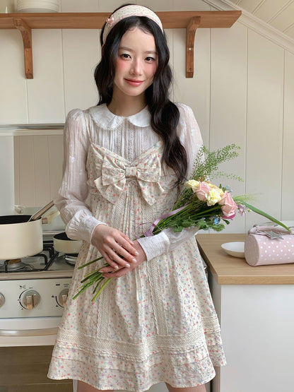 [[RF] “Garden Letter” Floral Print Cream Lace Bow Camisole Mini Dress