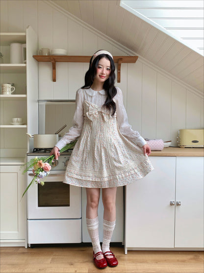 [[RF] “Garden Letter” Floral Print Cream Lace Bow Camisole Mini Dress