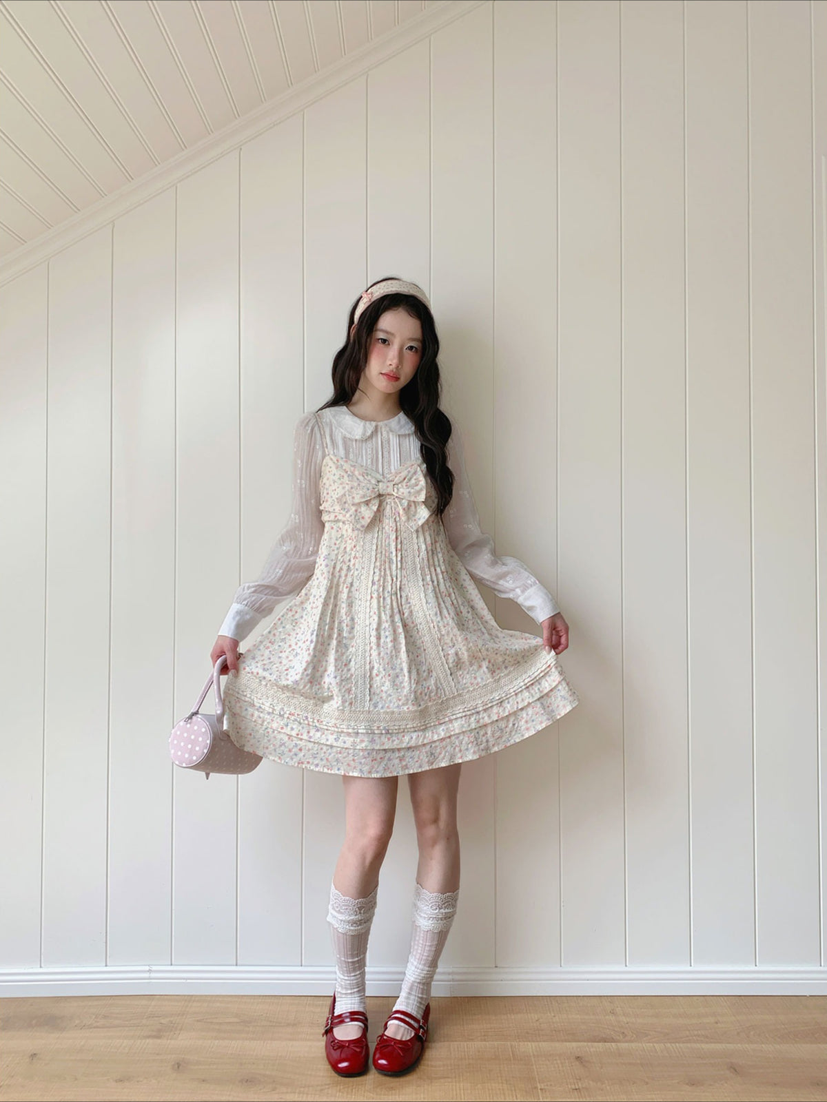 [[RF] “Garden Letter” Floral Print Cream Lace Bow Camisole Mini Dress