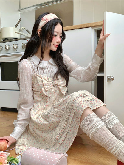 [[RF] “Garden Letter” Floral Print Cream Lace Bow Camisole Mini Dress