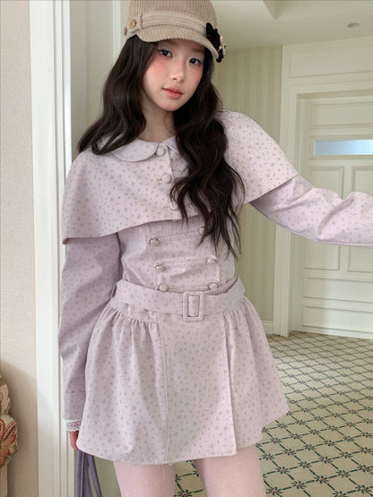 [RF] “Taro Cloud” Pink Double-Breasted Waist-Defined Cape Coat