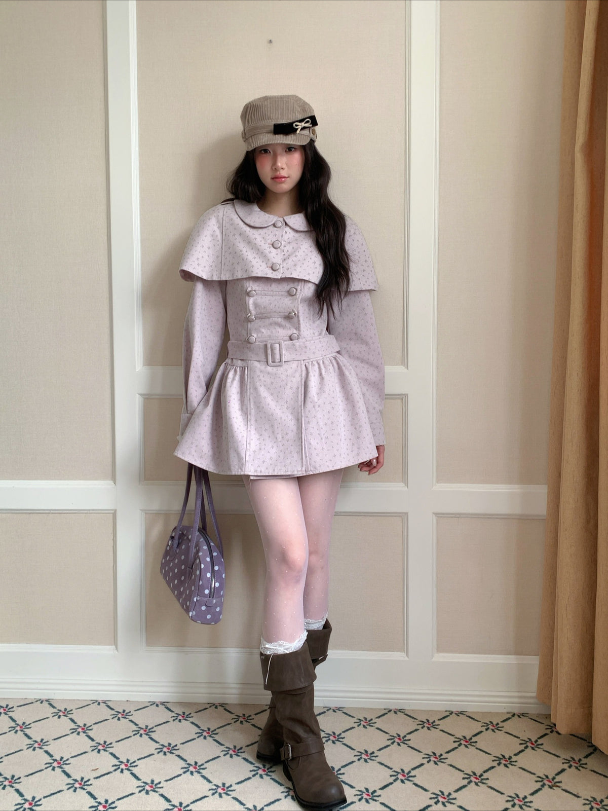[RF] “Taro Cloud” Pink Double-Breasted Waist-Defined Cape Coat