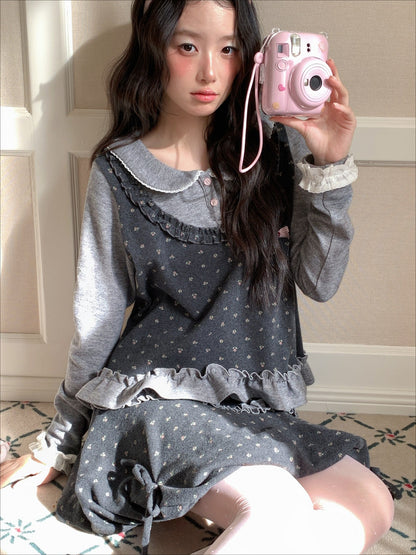 [[RF] “Gray-Toned Layered Charm” Gray Floral Two-Piece Skirt Set