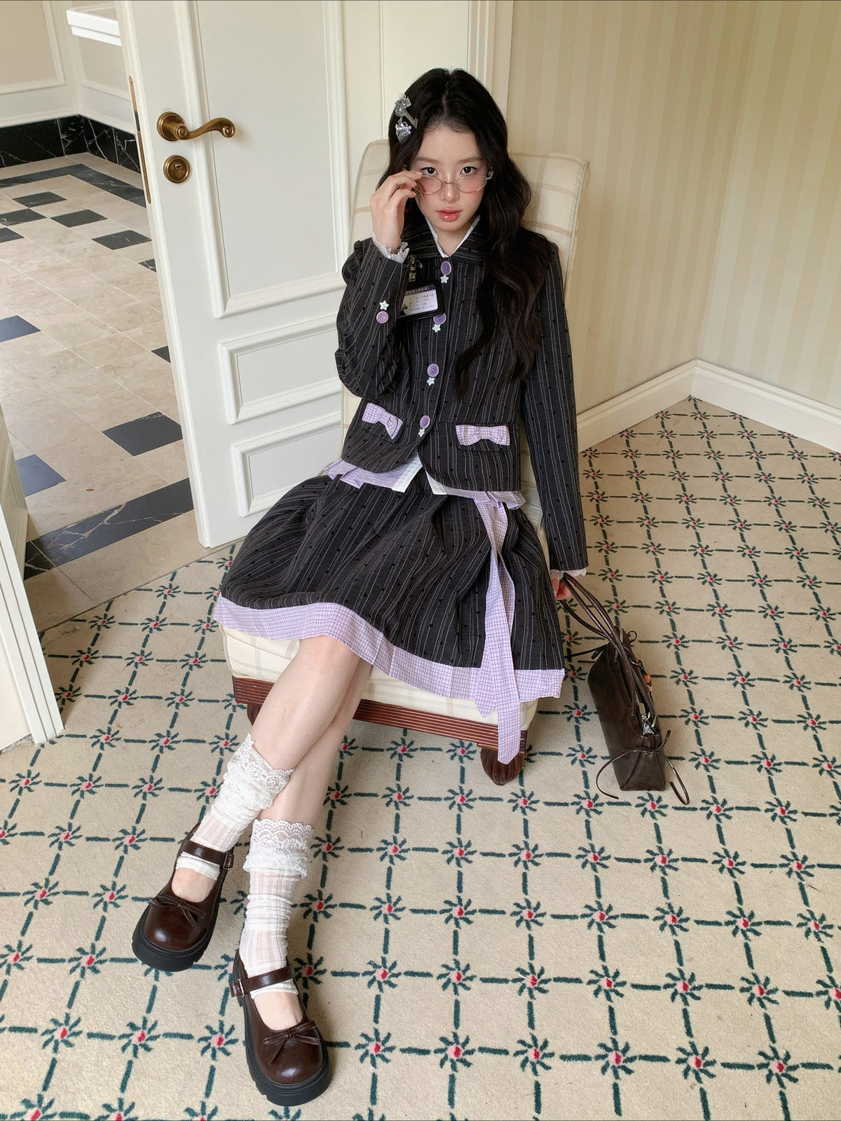 [[RF] “Ink Plaid Prelude” Gray-Purple Plaid Striped Pleated Skirt Two-Piece Set