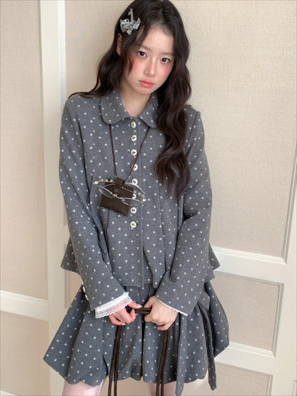 [RF] “Starlit Gray Tones” Gray Vintage Polka Dot Pleated Skirt Two-Piece Set