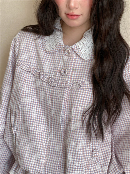 [RF] “Cream Garden Reverie” Light Purple Plaid Ruffle Lace-Trim Jacket