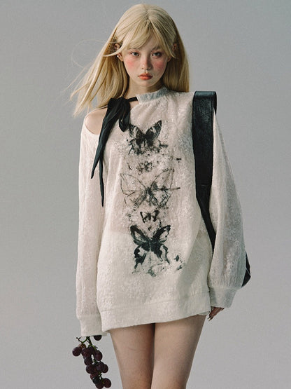OAKMOO/ Butterfly Contrast Ribbon Mesh Knit Sweatshirt