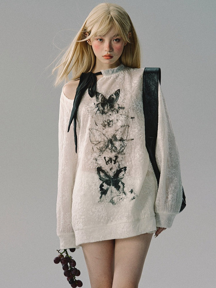 OAKMOO/ Butterfly Contrast Ribbon Mesh Knit Sweatshirt