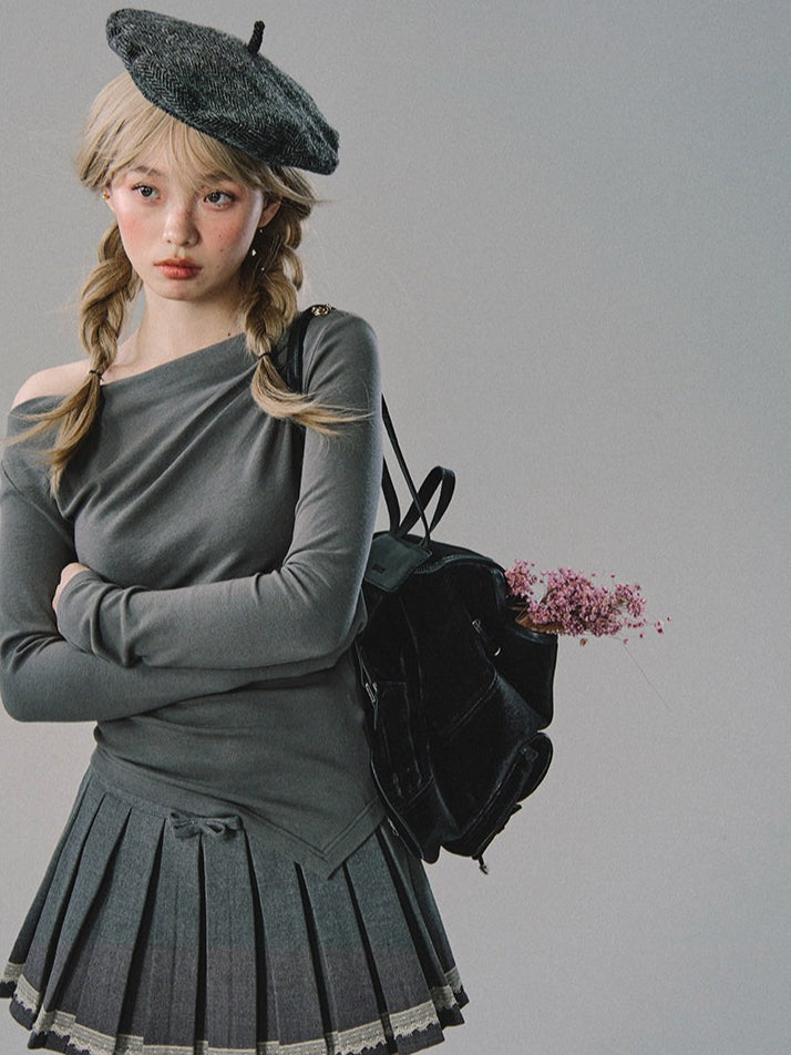 OAKMOO/ Gray Off-Shoulder Knit Top