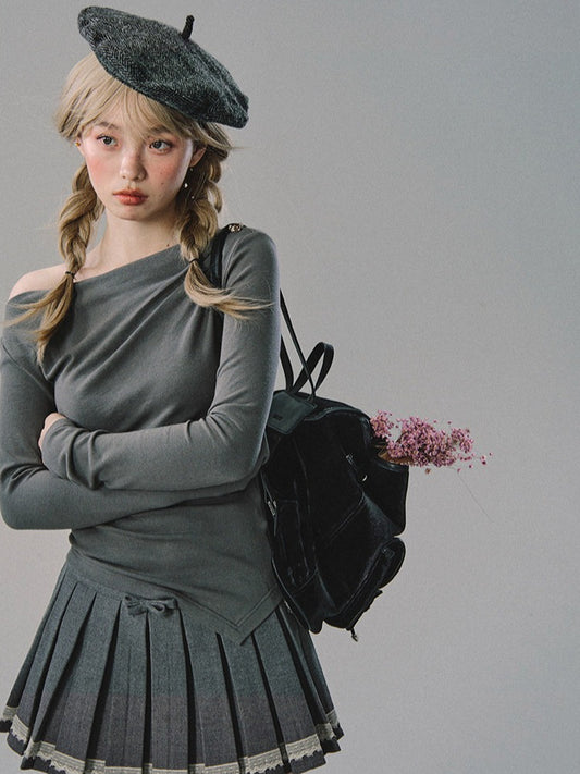OAKMOO/ Gray Off-Shoulder Knit Top