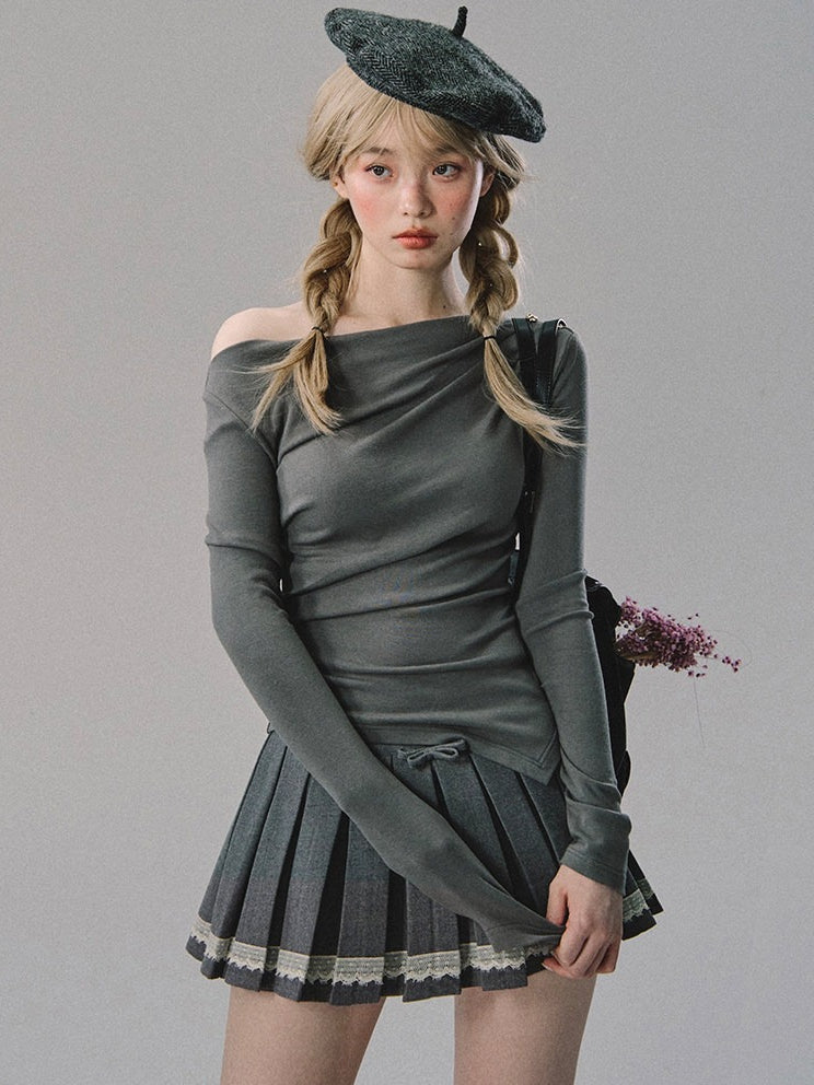OAKMOO/ Gray Off-Shoulder Knit Top