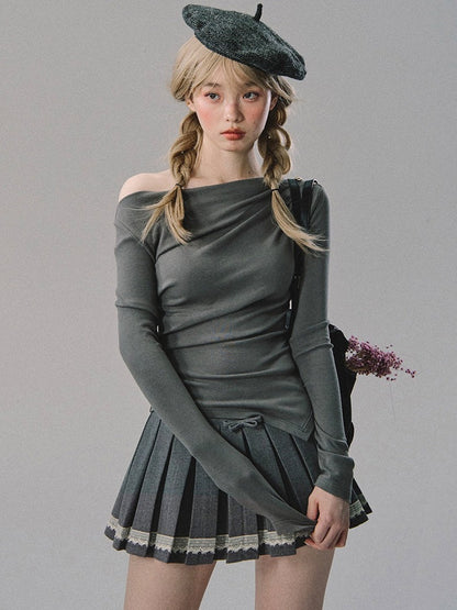 OAKMOO/ Gray Off-Shoulder Knit Top