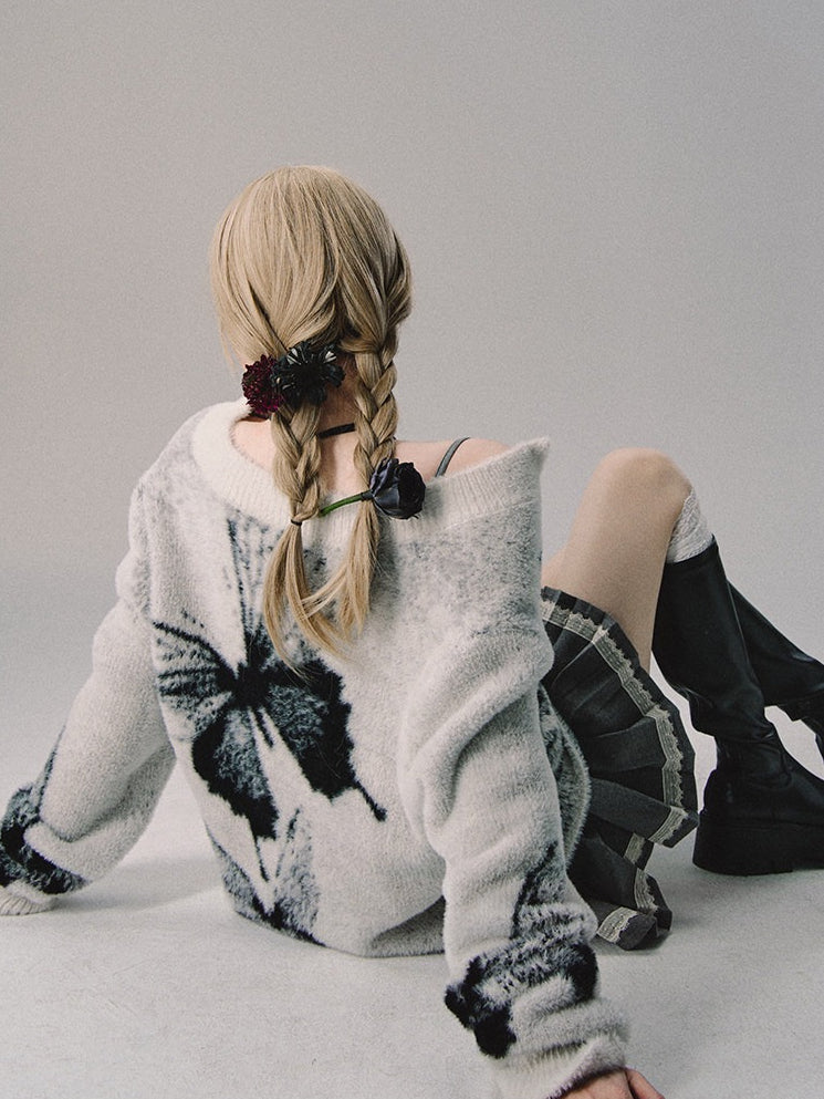 OAKMOO/ "Butterfly Gently Lands" Jacquard Double-Zip Knit Cardigan