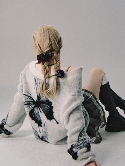 OAKMOO/ "Butterfly Gently Lands" Jacquard Double-Zip Knit Cardigan