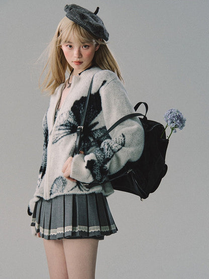 OAKMOO/ "Butterfly Gently Lands" Jacquard Double-Zip Knit Cardigan