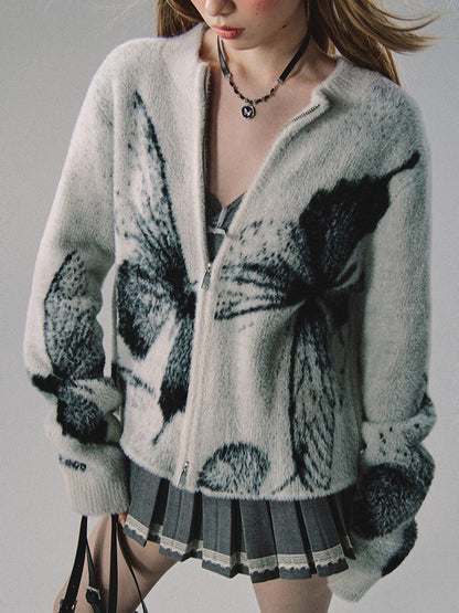 OAKMOO/ "Butterfly Gently Lands" Jacquard Double-Zip Knit Cardigan
