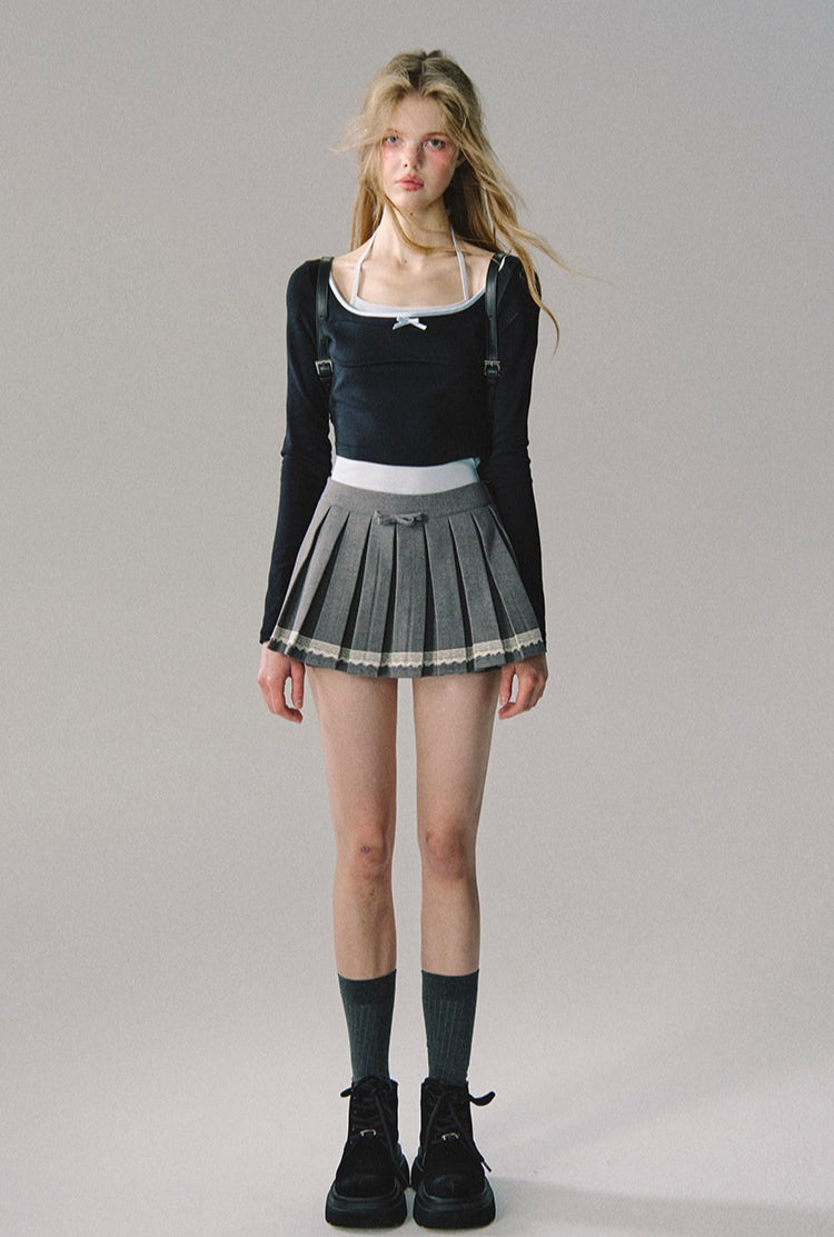 OAKMOO/ "Let Love Flow" Vintage Academy Gray Low-Rise Pleated Mini Skirt