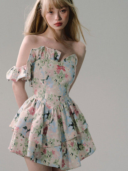 OAKMOO/ "When Blossoms Weep" Multicolor Irregular Floral Mini Dress