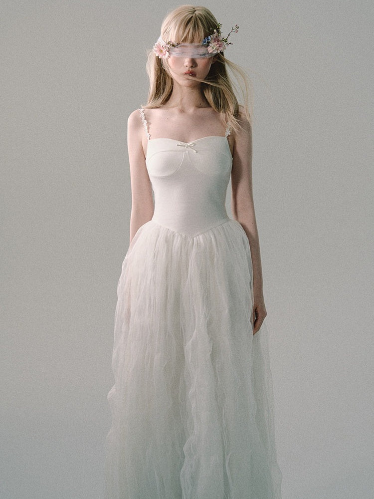 OAKMOO/ "Flowers in a Dream" Gardenia White Embroidered Mesh Maxi Dress