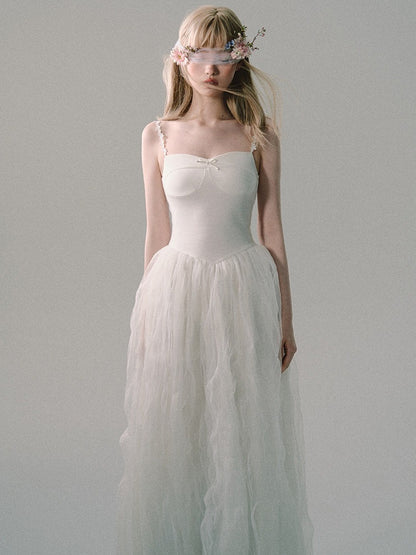OAKMOO/ "Flowers in a Dream" Gardenia White Embroidered Mesh Maxi Dress